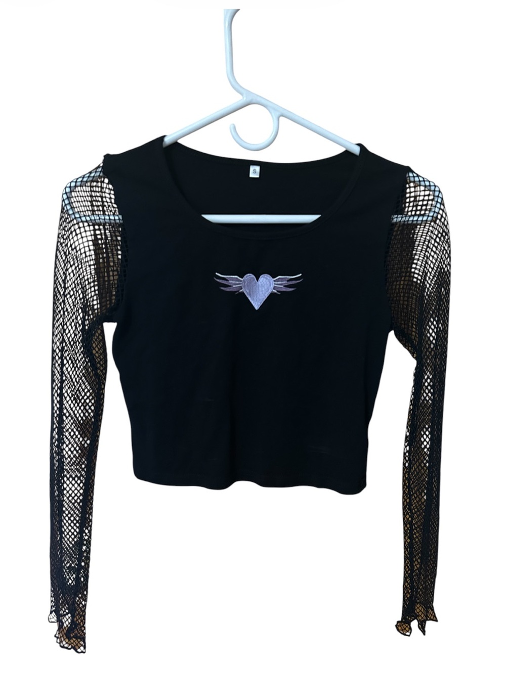 Unbranded Black Mesh Sleeve Crop Top with Lavender Heart